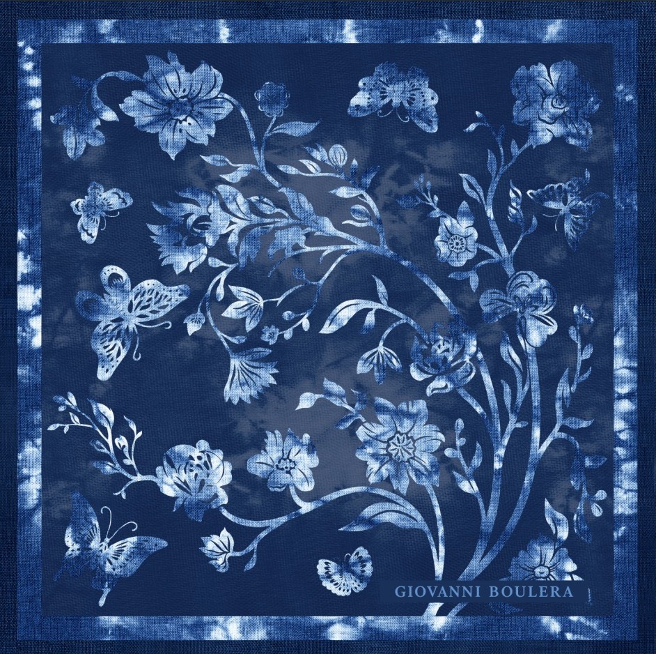 Mavinin Tonlarıyla Tasarlanmış Çiçek Desenli Twill İpek Fular