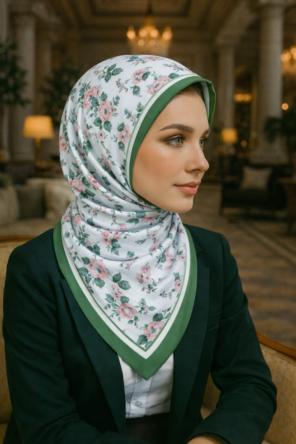 Yeşil Çerçeveli Tasarlanmıs Çiçek Desenli Twill İpek Eşarp