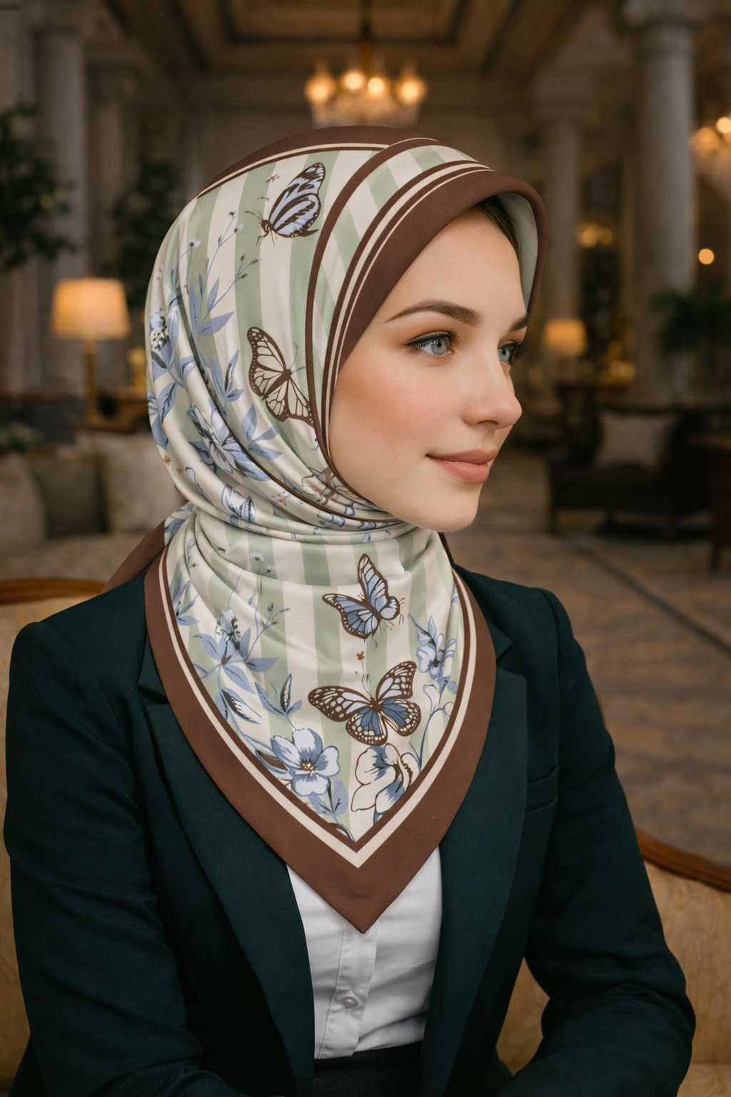 Kelebek Desenli Farklı Renklerle Tasarlanmış Twill İpek Eşarp