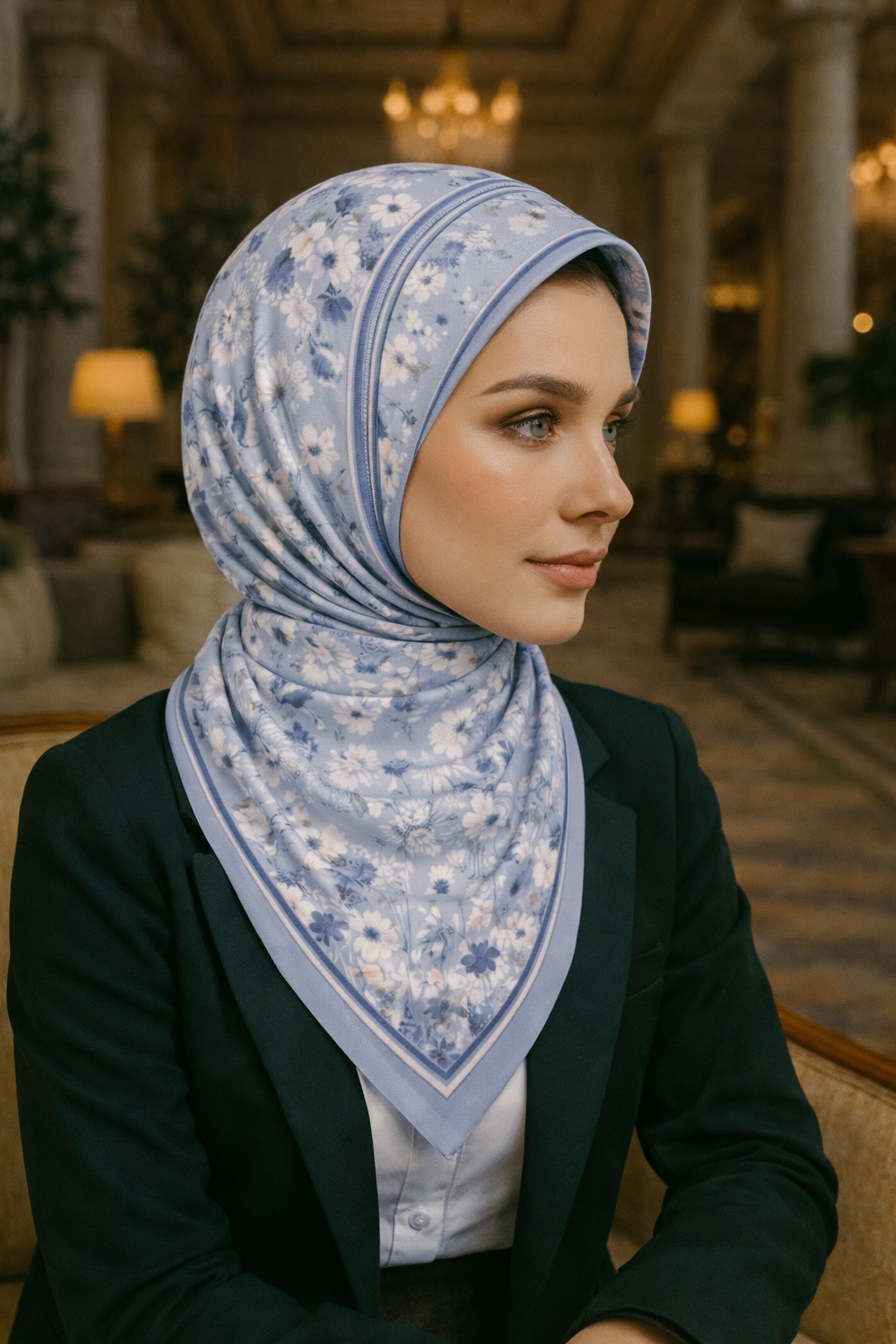 Mavi Bahar Çiçek Desenli Eşarp