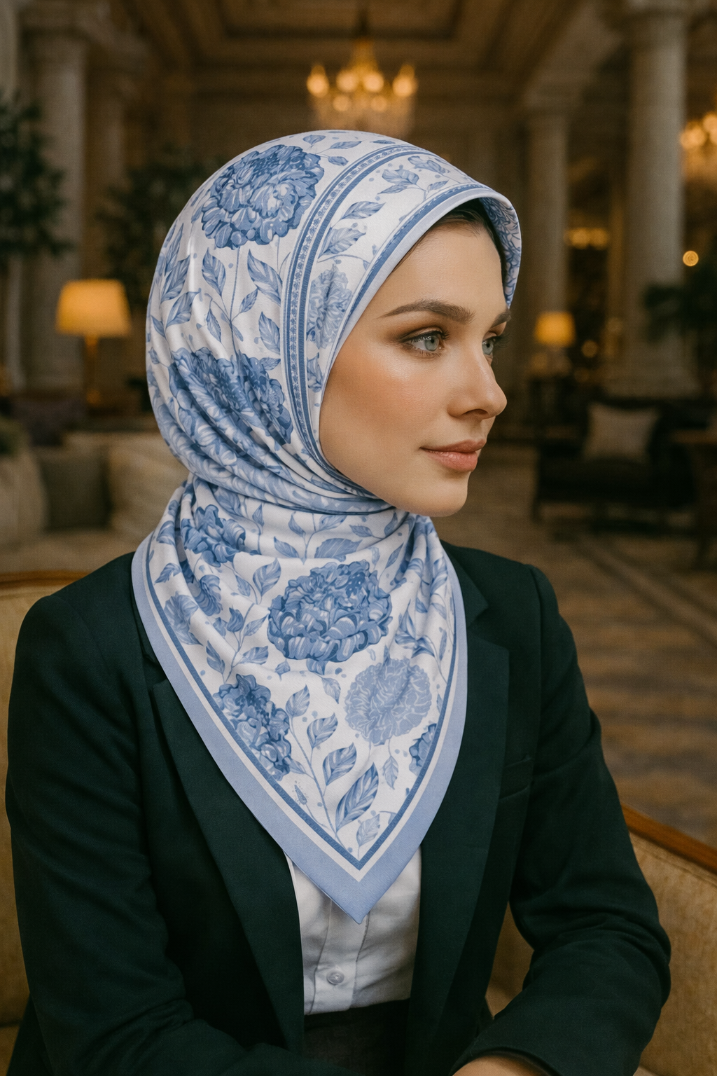 Mavi Gül Desenli Twill İpek Fular