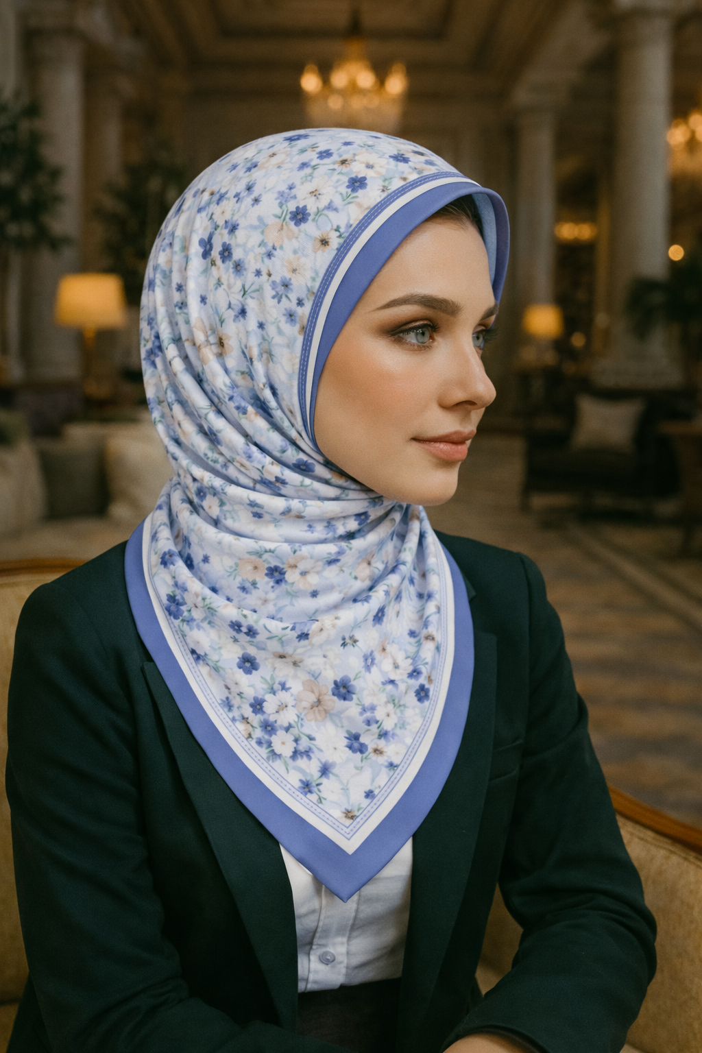  Mavi Çiçeklerle Tasarlanmış  Twill İpek Eşarp