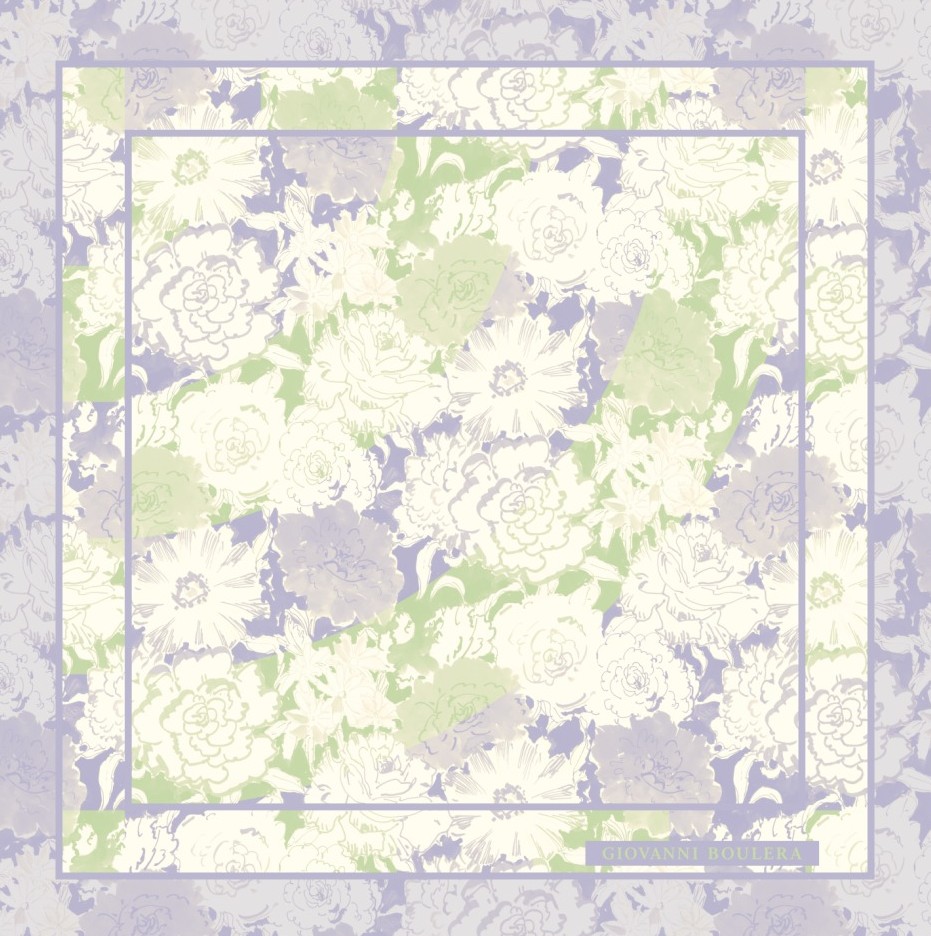 Lila Renkli Beyaz Açık Tonlarla tasarlanmış Çiçek Desenli Twill İpek Eşarp