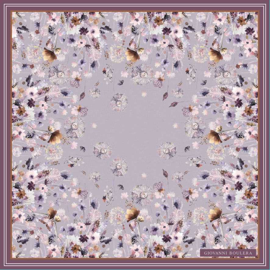 Lila Renkli Çiçek Desenli Twill İpek Eşarp