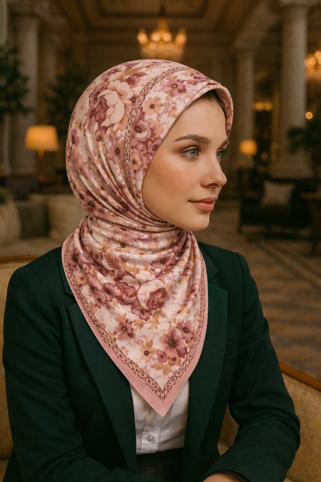 Pembe Çiçek Desenli Kadın Eşarp