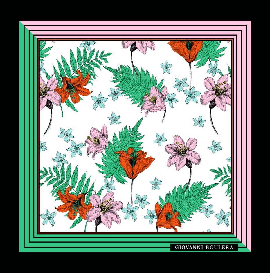 Yeşil Ve Pembe Çerçeveli Lila Çiçek Desenli Twill İpek Eşarp