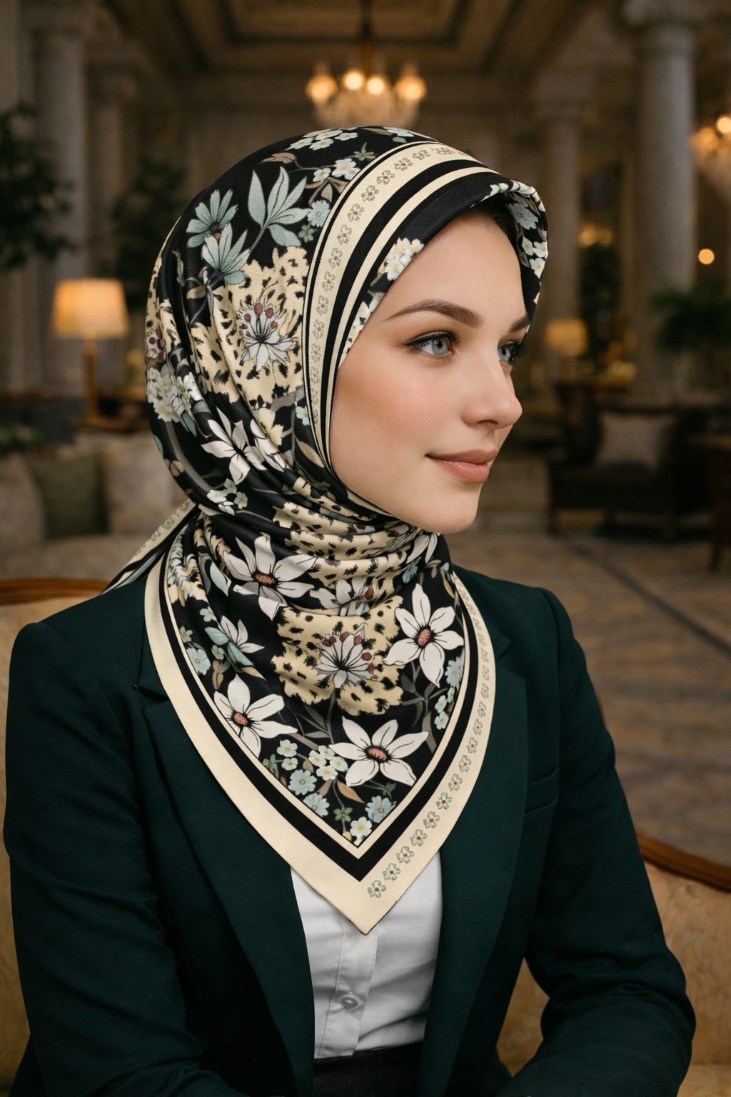 Siyah Zemin Üzerinde Renkli Çiçek Desenli Twill İpek Eşarp