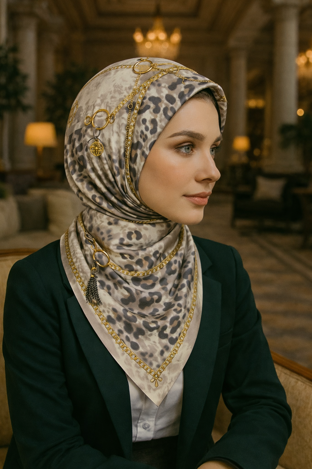 Leopar Desenli Altın Zincirli  İpek Eşarp