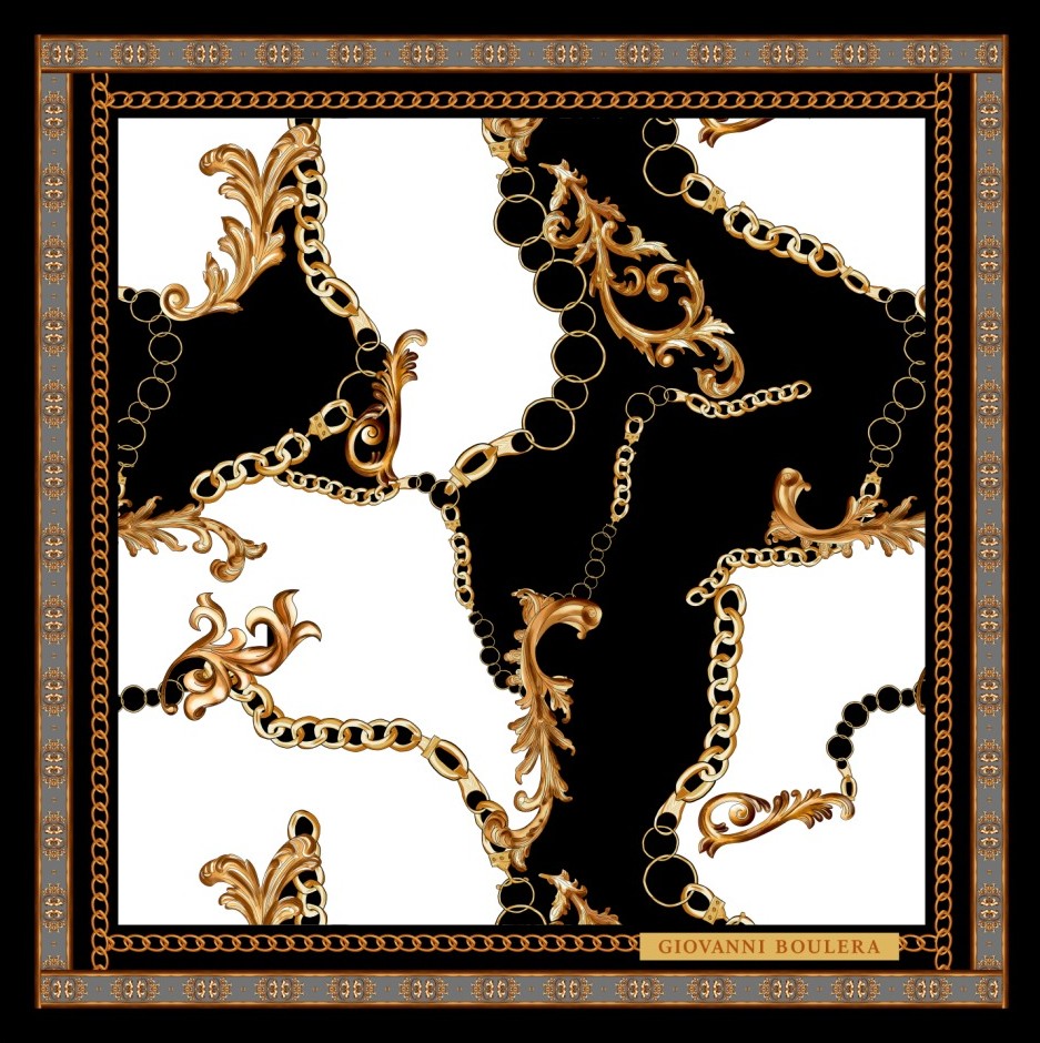 Altın Sarısı Zincir siyah Beyaz  Desenli  Twill İpek Fular