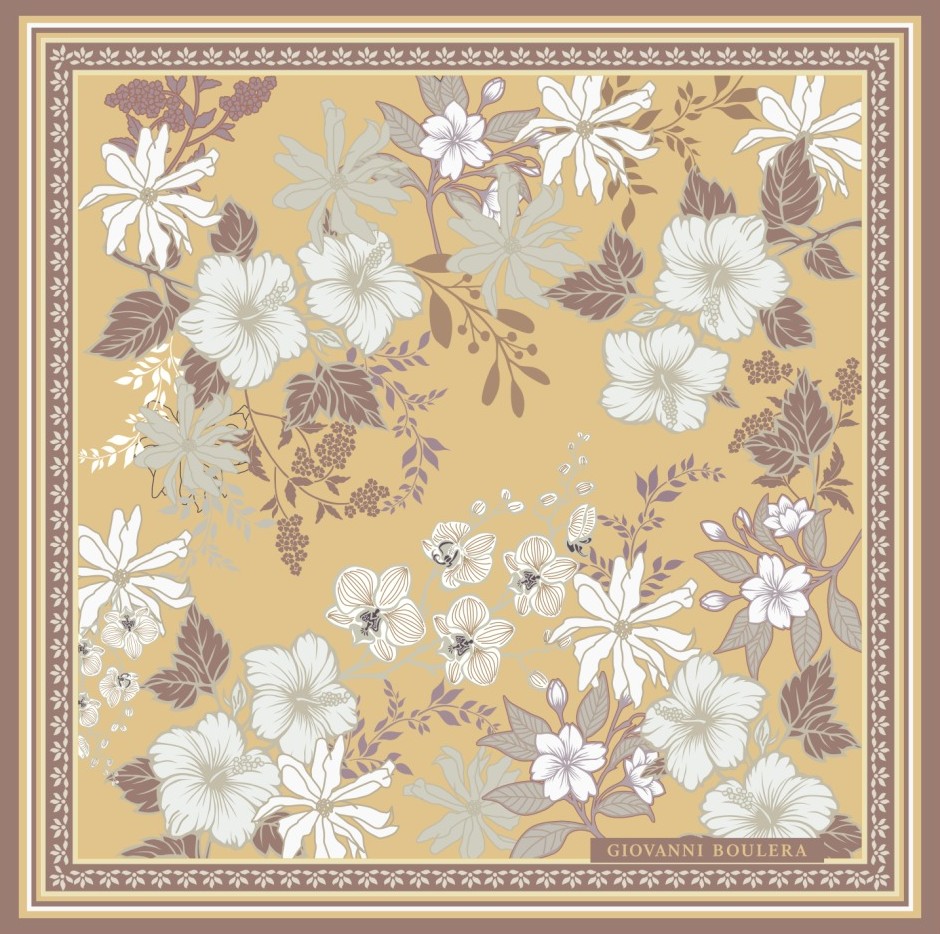 Altın Tonlu Çiçek Desenli Twill İpek Eşarp