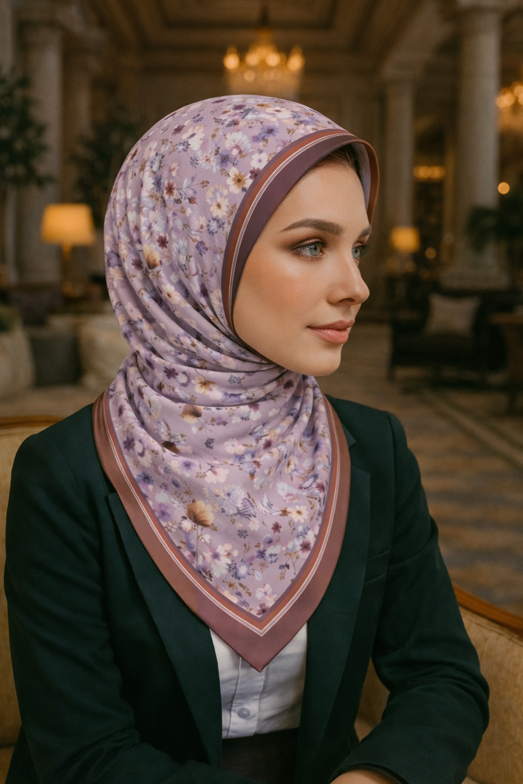 Lila Renkli Çiçek Desenli Twill İpek Eşarp