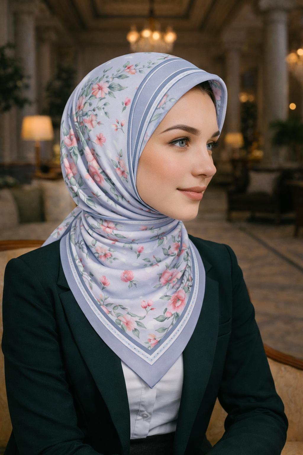 Lila Renkli Pembe Çiçek Desenli Twill İpek Eşarp