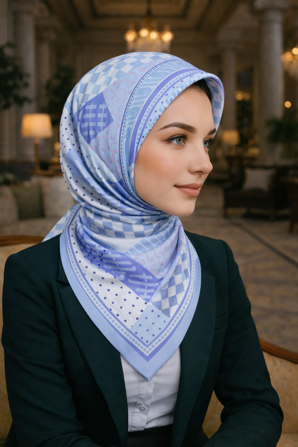 Modern Tasarım Mavi Tonlu Desenli Kare Şal