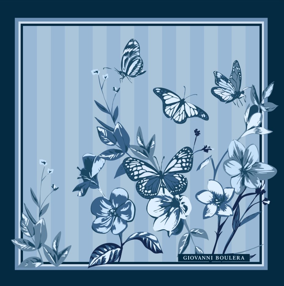 Mavi Tonlarla Kelebek Ve Çiçek Desenli Kadın Eşarp