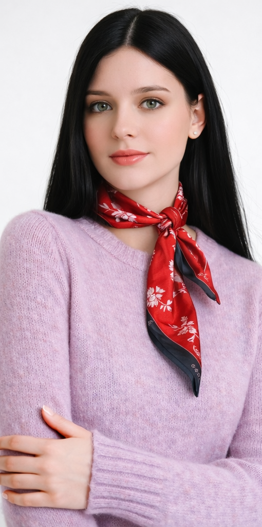 Kırmızı Çiçek Desenli Kadın Twill İpek Fular