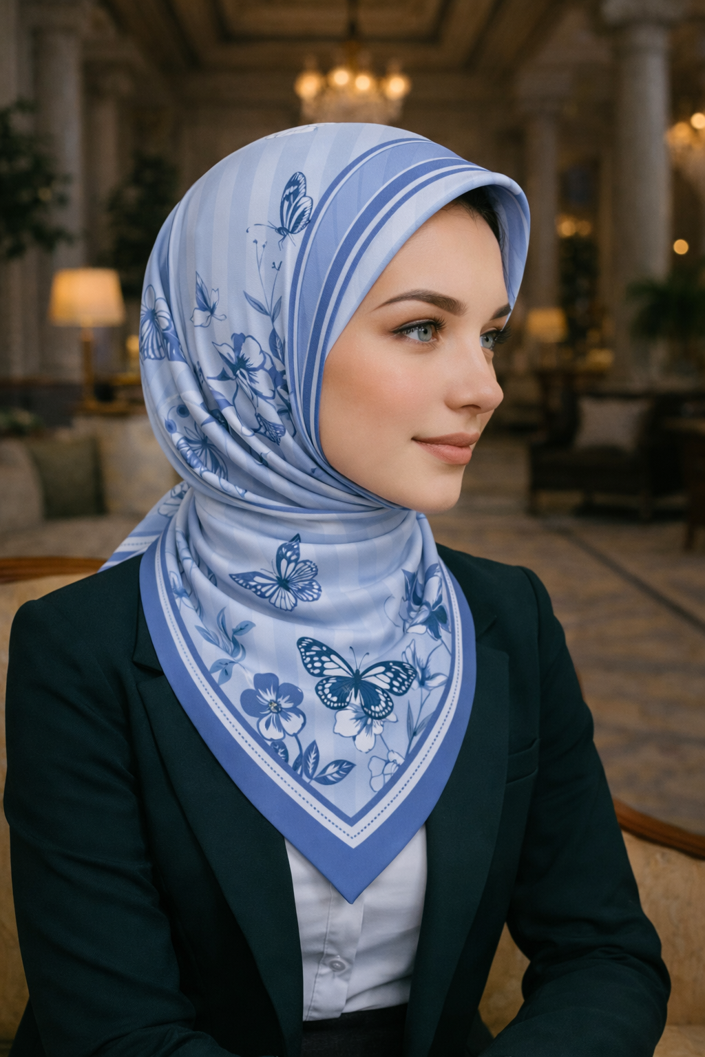 Mavi Tonlarla Kelebek Ve Çiçek Desenli Kadın Eşarp