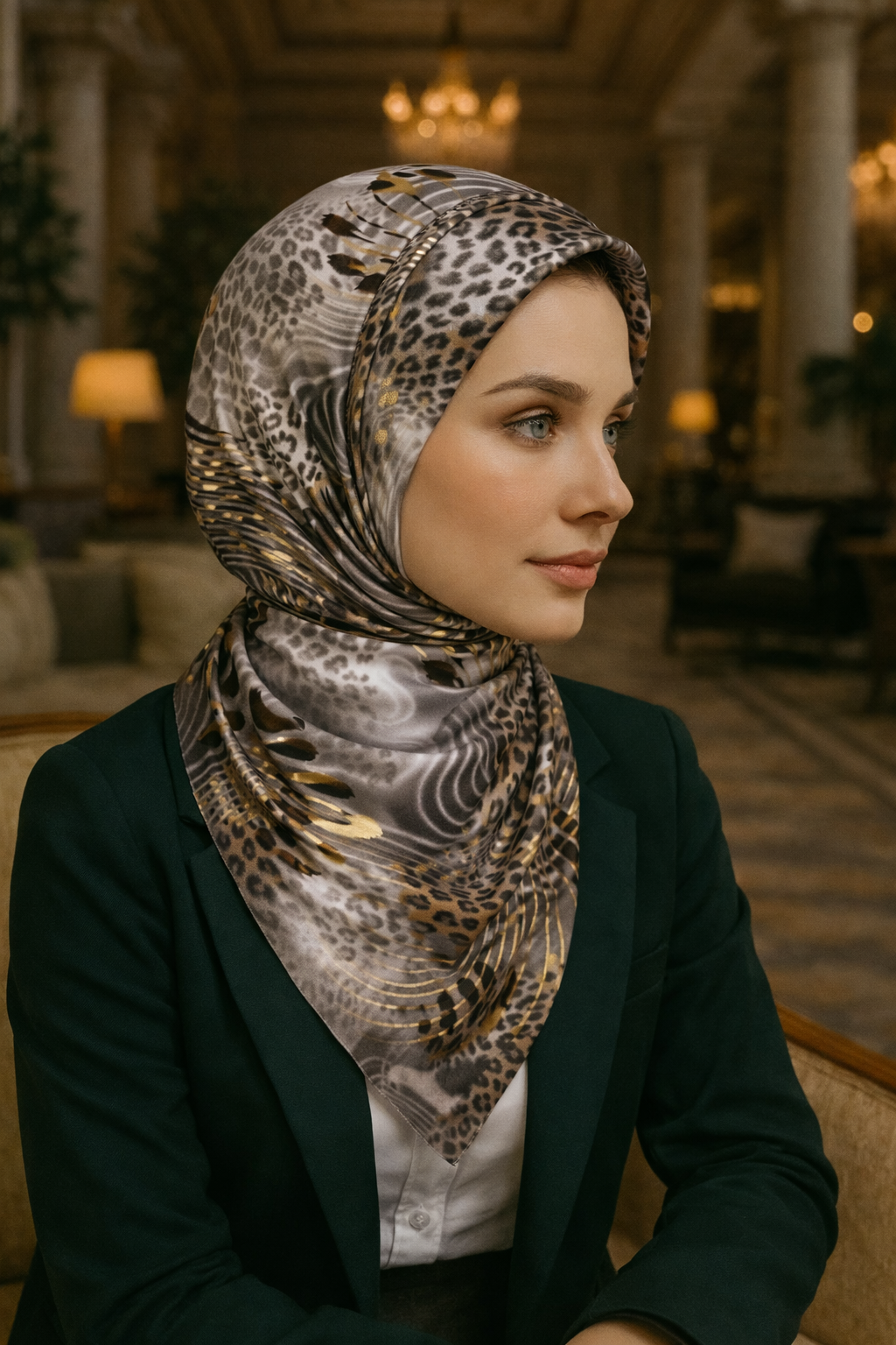 Zarif leopar ve dalga desenli lüks eşarp