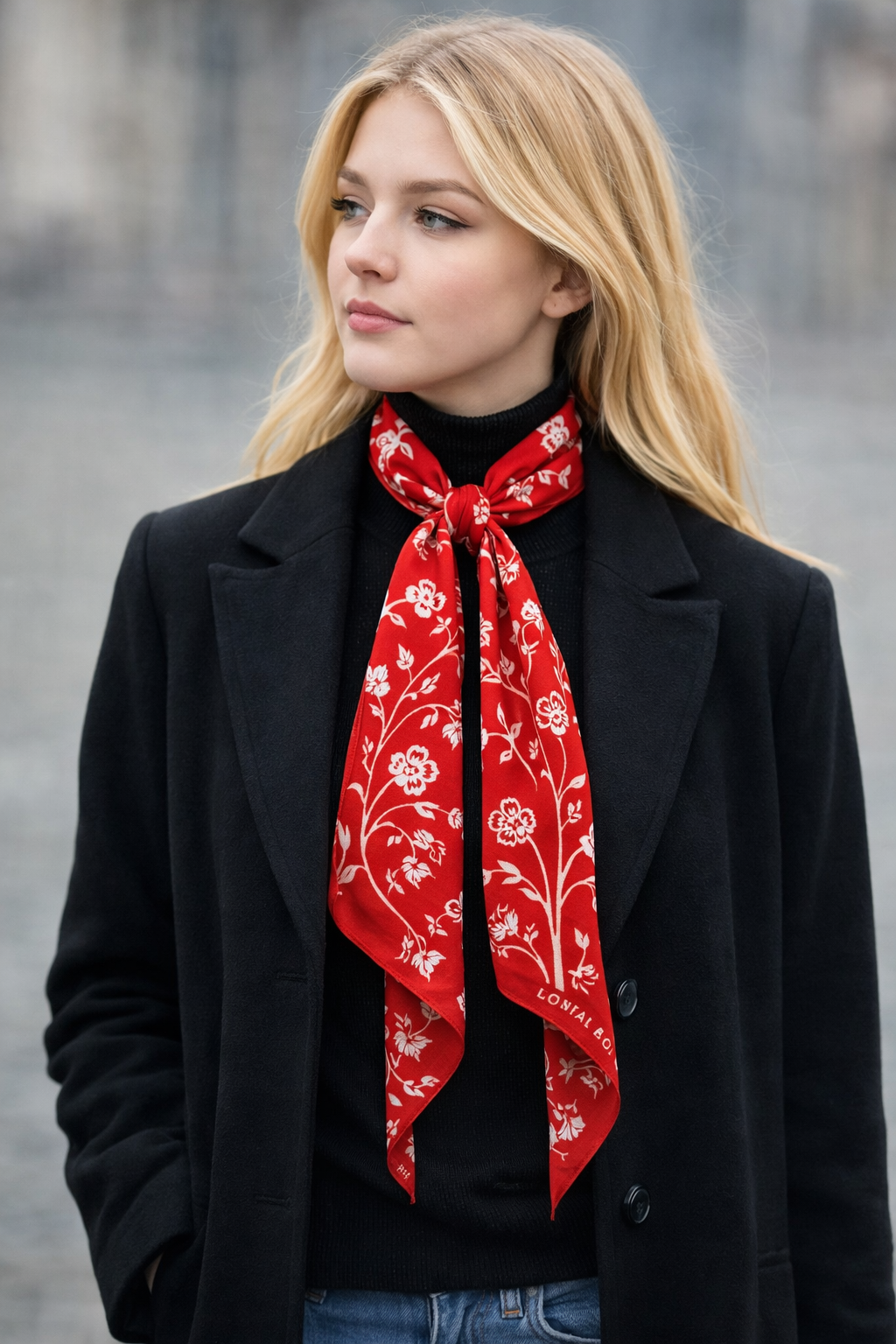 Kırmızı Çiçek Desenli Kadın Twill İpek Fular