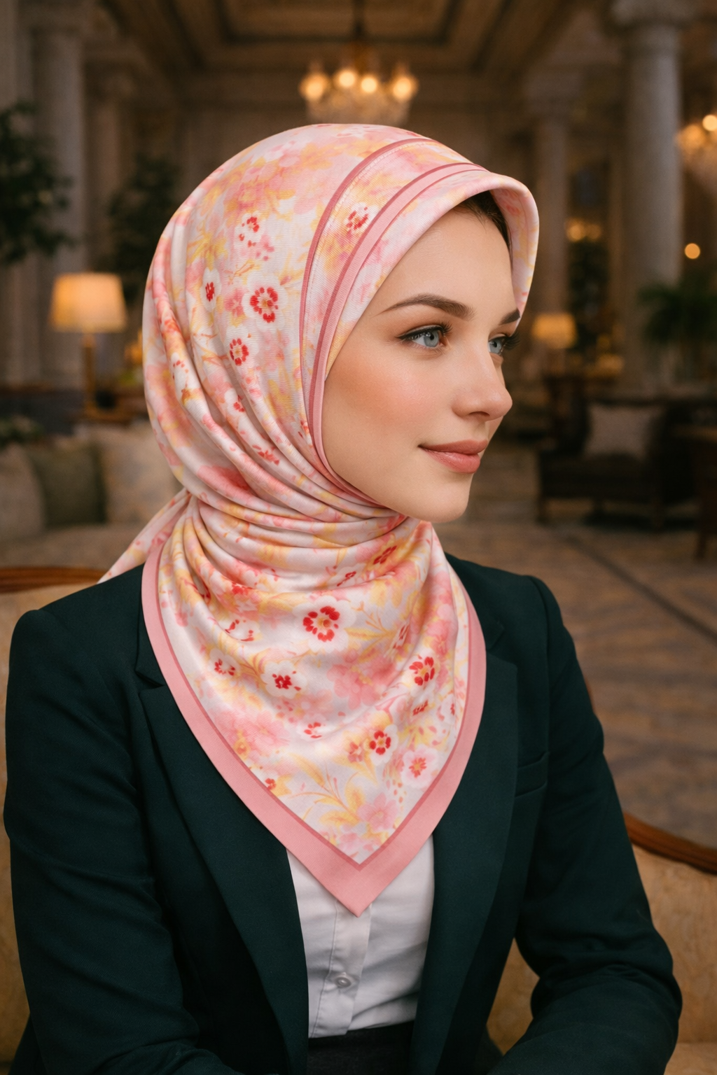 Modern Tasarım Çiçek Desenli Twill İpek Eşarp