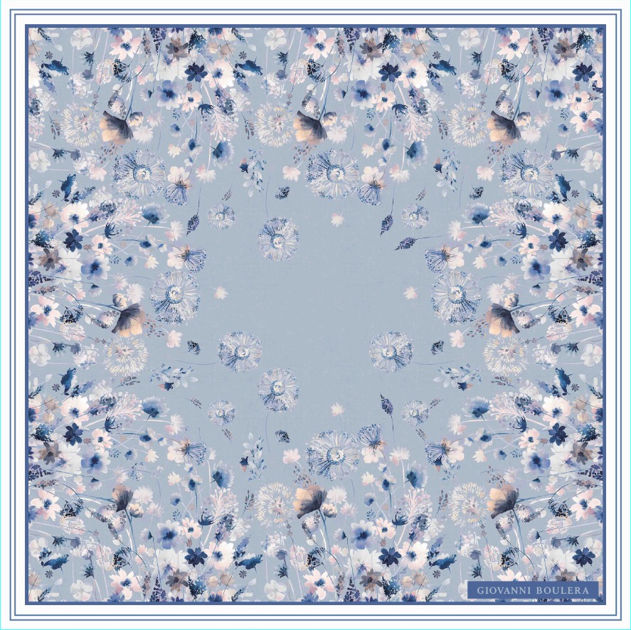  Mavi Çiçeklerle Tasarlanmış  Twill İpek Eşarp