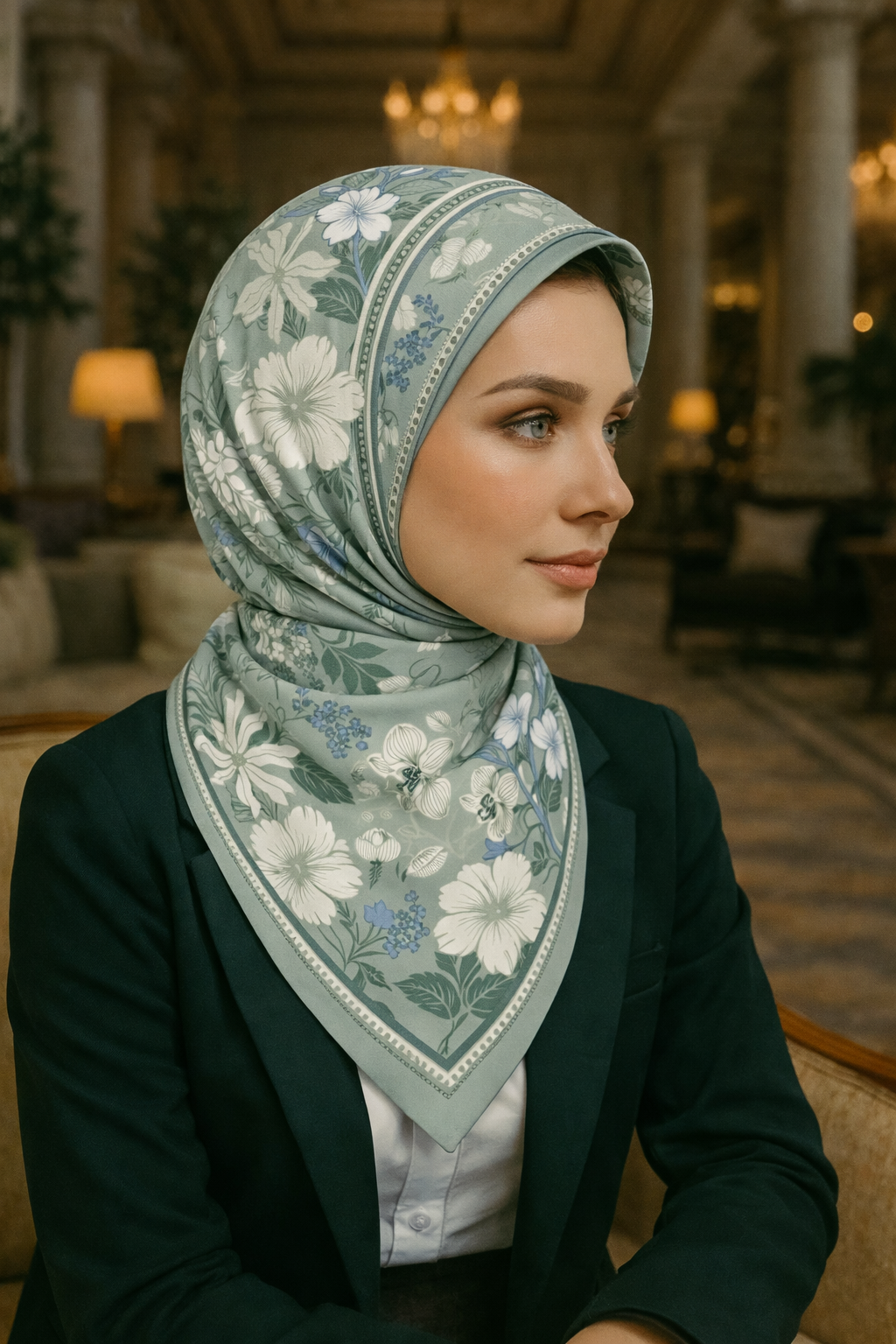 Mavi Tonlu Çiçek Desenli Kadın Eşarp