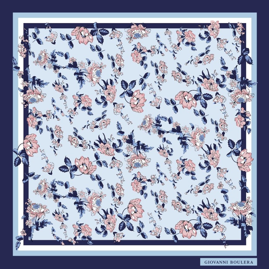 Mavi Tonlarla Tasarlanmış Çiçek Desenli Twill İpek Eşarp