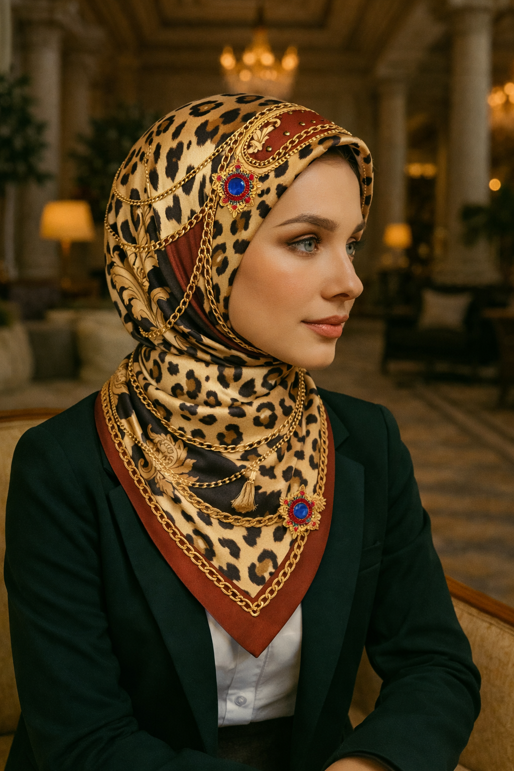 Leopar desenli ve zincir detaylı  İpek Eşarp