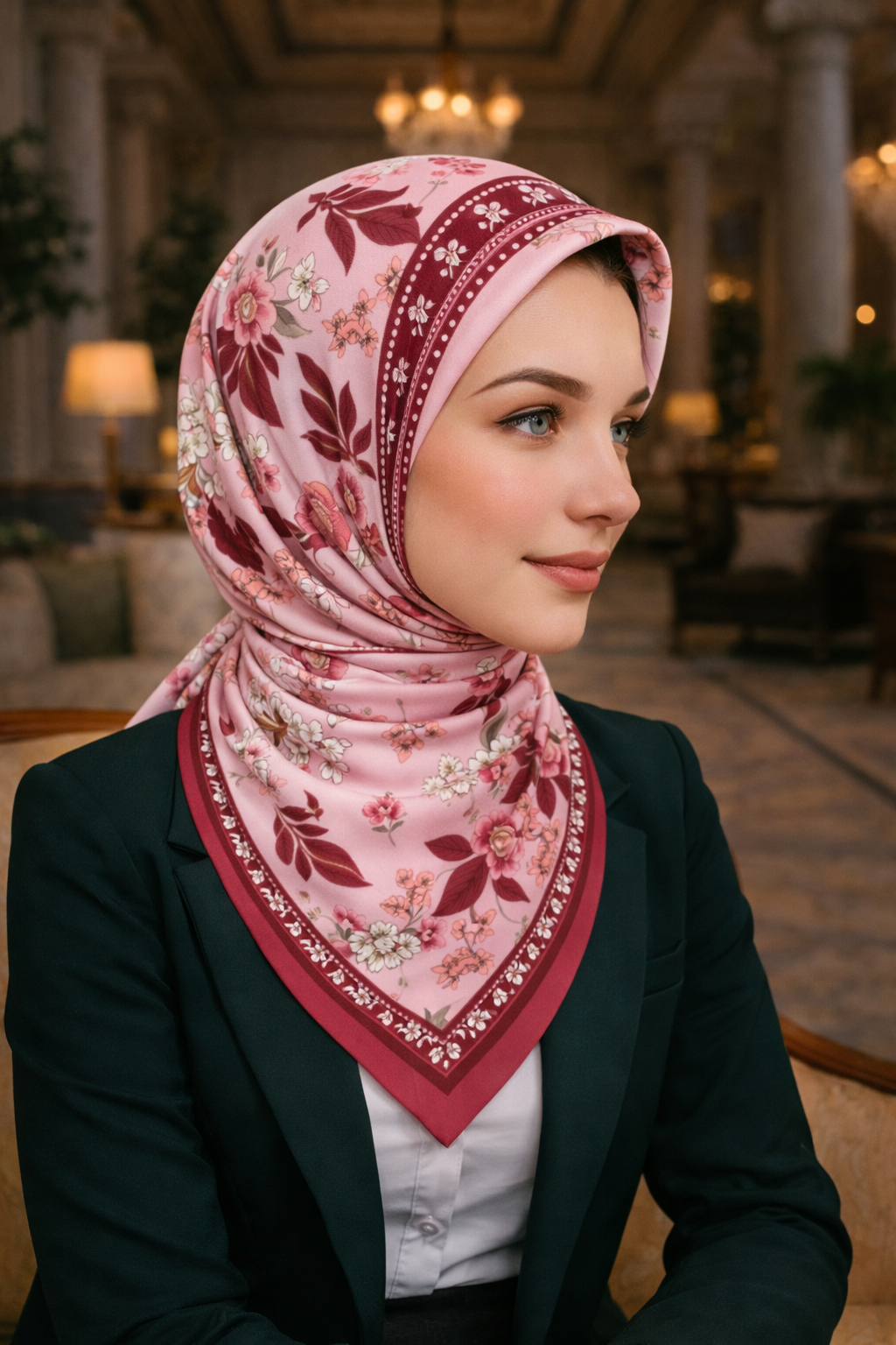 Kırmızı Cicek Ve Yaprak Desenli Twill İpek Eşarp