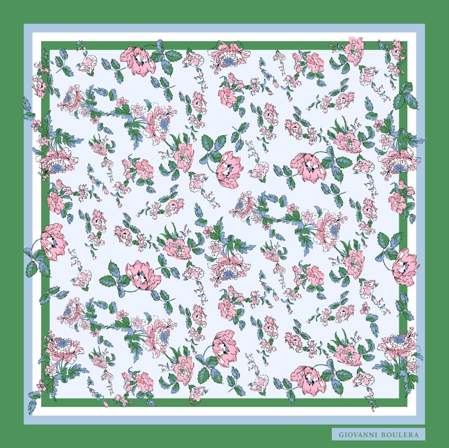 Yeşil Çerçeveli Tasarlanmıs Çiçek Desenli Twill İpek Eşarp