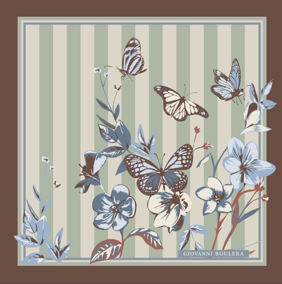 Kelebek Desenli Farklı Renklerle Tasarlanmış Twill İpek Eşarp