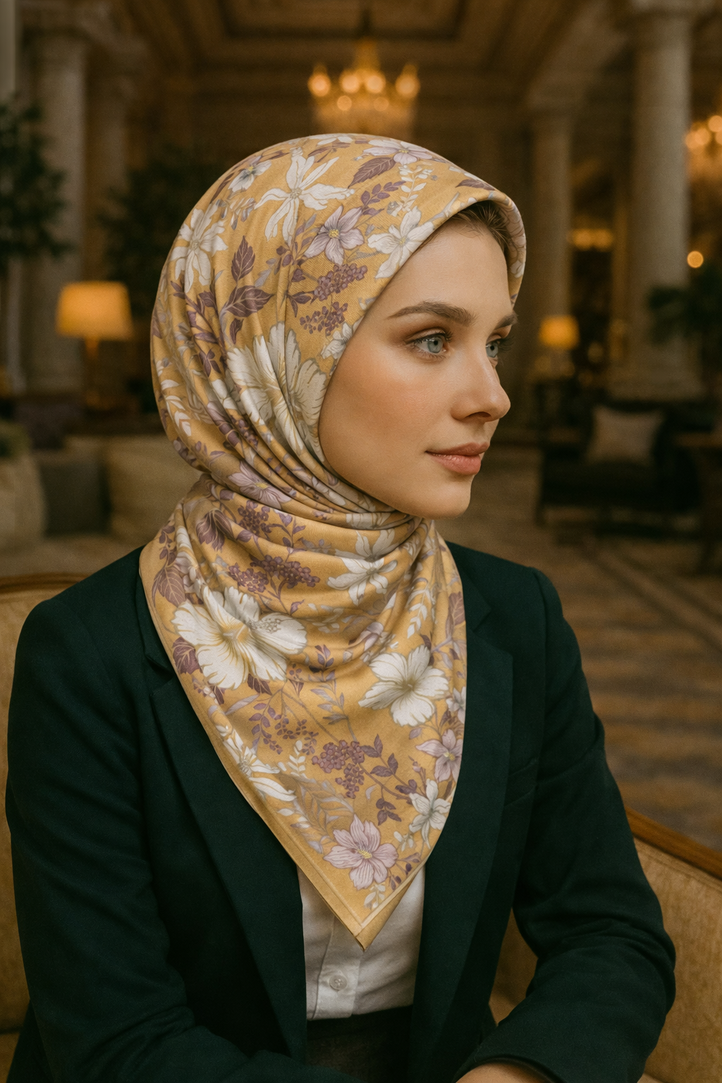 Altın Tonlu Çiçek Desenli Twill İpek Eşarp