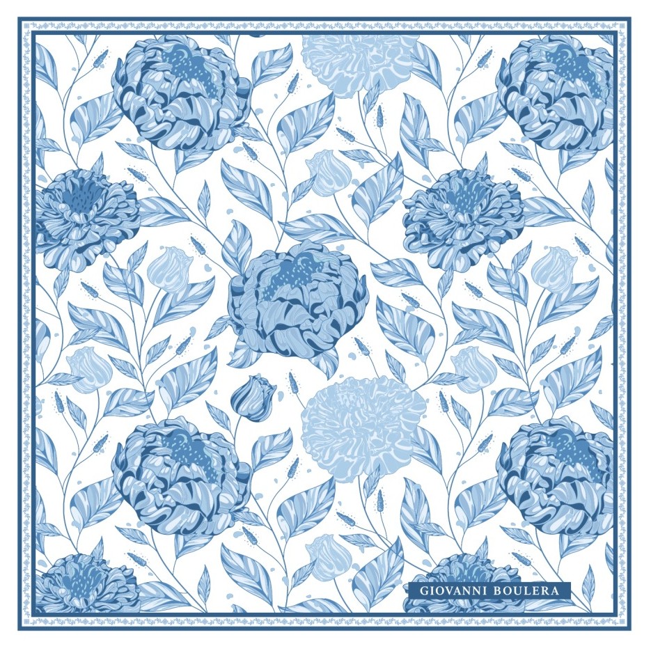 Mavi Gül Desenli Twill İpek Fular