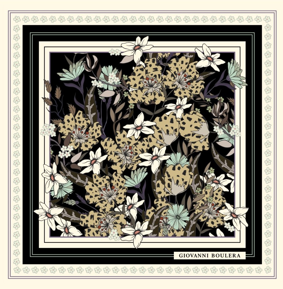 Siyah Zemin Üzerinde Renkli Çiçek Desenli Twill İpek Eşarp