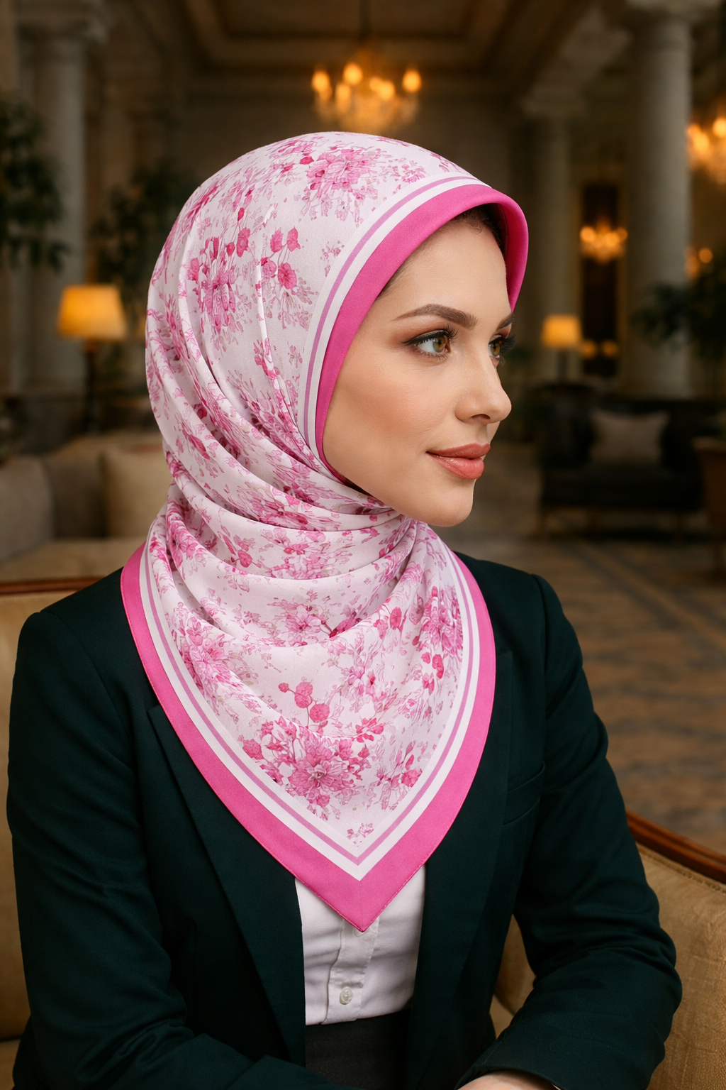 Pembe Tonlarıyla Tasarlanmış Çiçek Desenli Twill İpek Eşarp