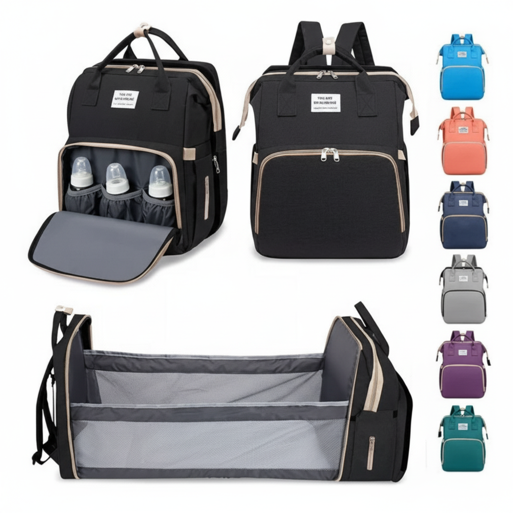 Mochila maternal, cuna y cambiador