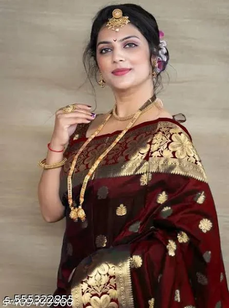 Maroon Silk Saree with Golden Embroidery