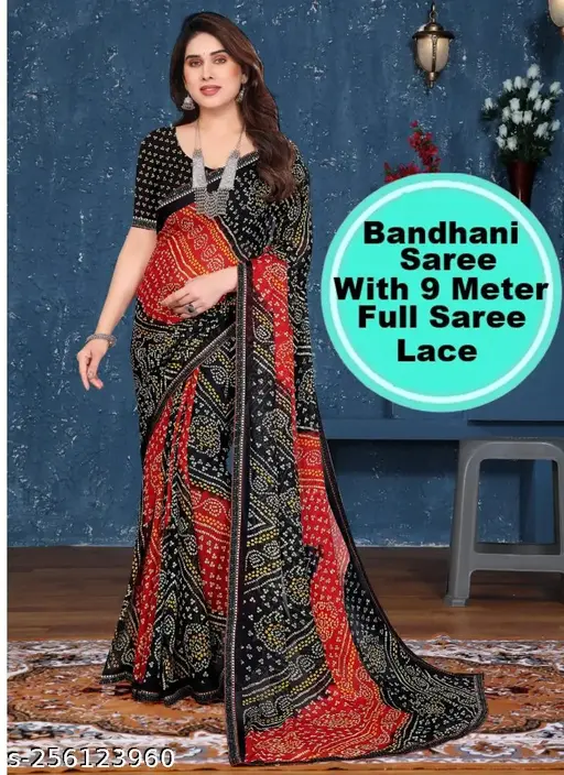 Bandhani Saree With 9 Meter Full Saree Lace