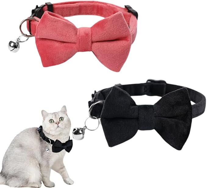 2 Pezzi Collare per gatti in velluto con campana e papillon,Collare per gatti con ciondolo a forma regolabile per gatti separati,gattino piccolo cucciolo di sicurezza papillon solido colore di base