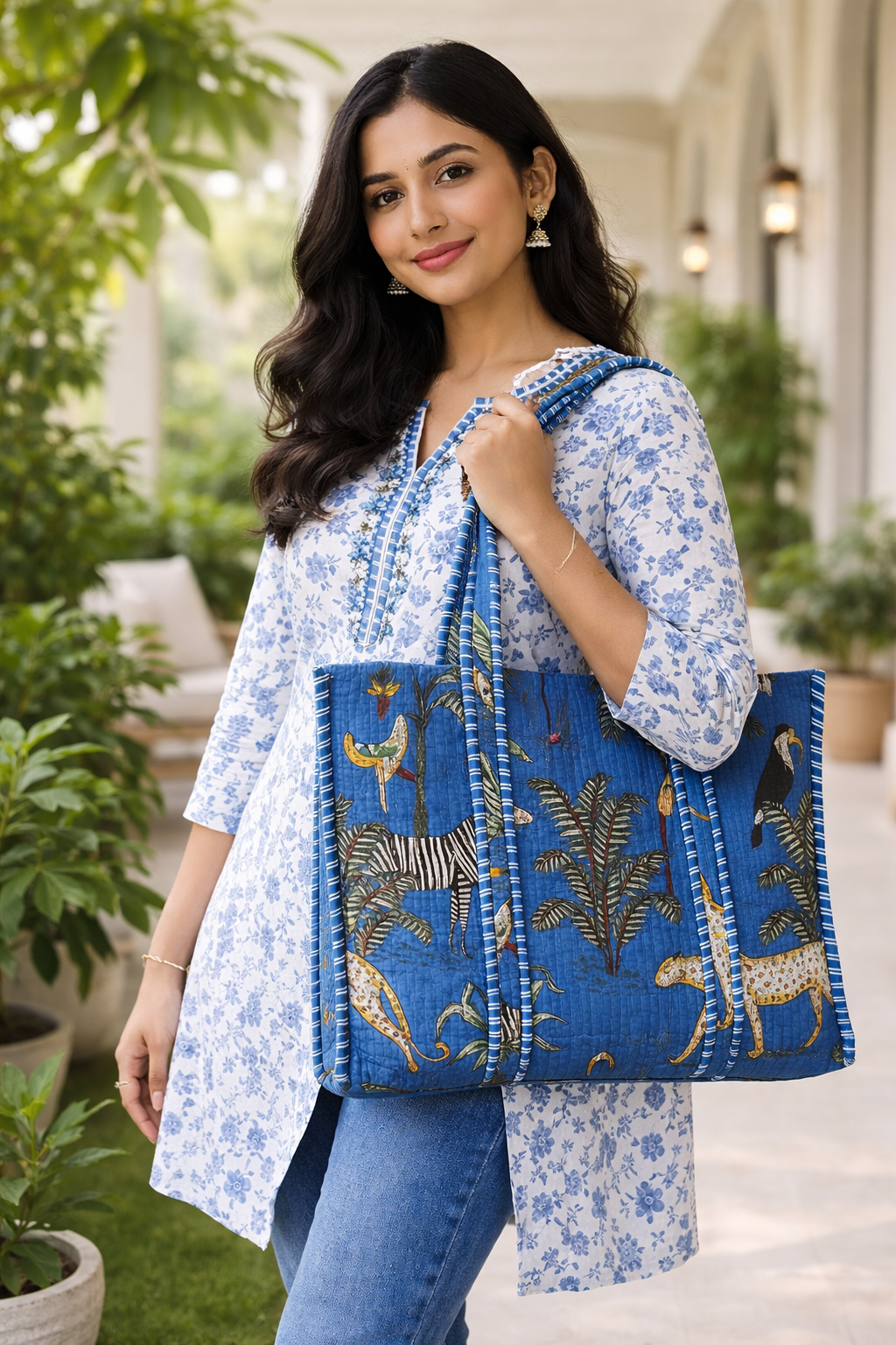 Blue Animal Motif Printed Tote Bag | With Zipper