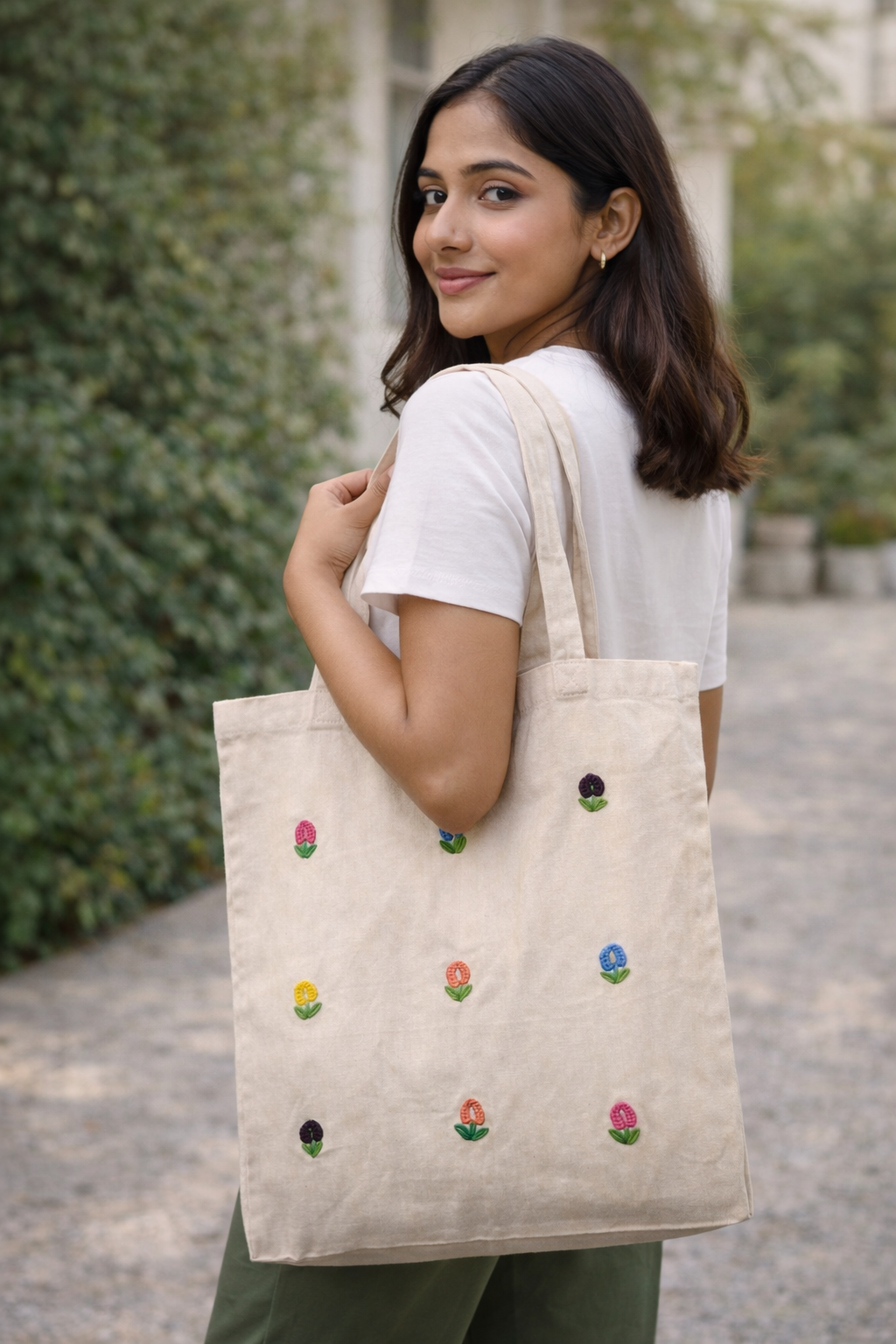 Floral Bloom Embroidered Canvas Tote Bag