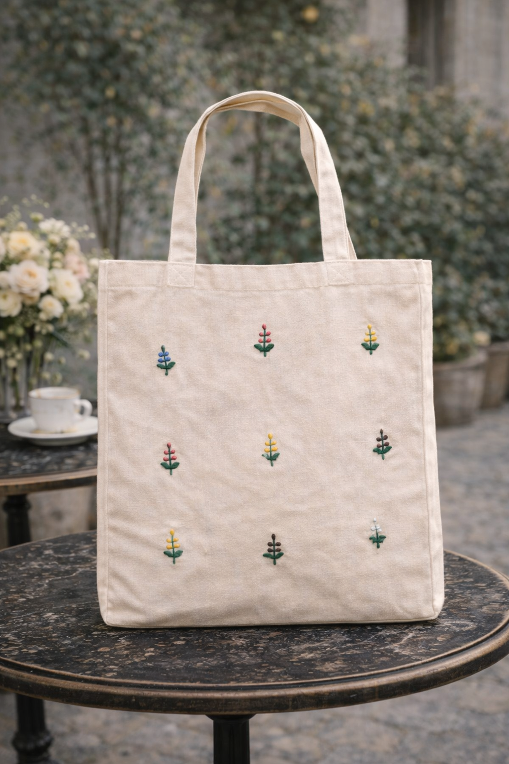 Floral Buds Embroidered Canvas Tote Bag