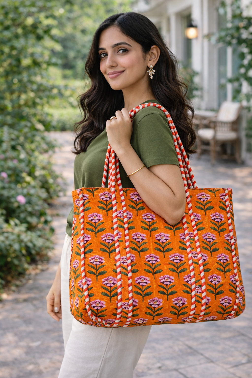 Quilted Orange Floral Tote Bag | With Zipper