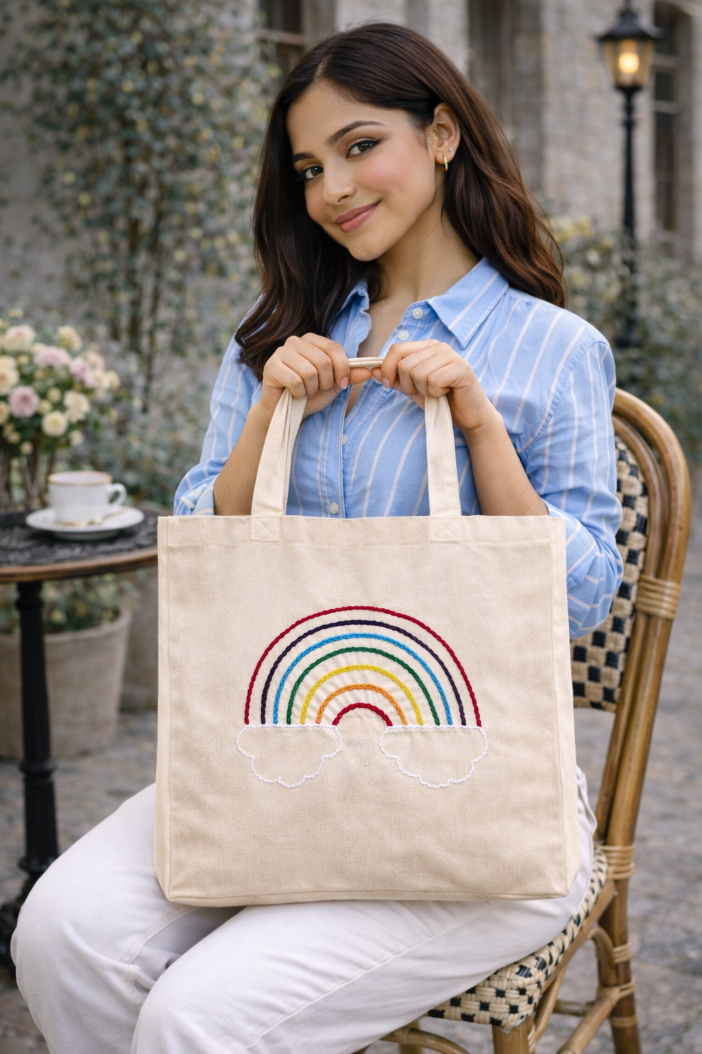 Rainbow Embroidered Canvas Tote Bag