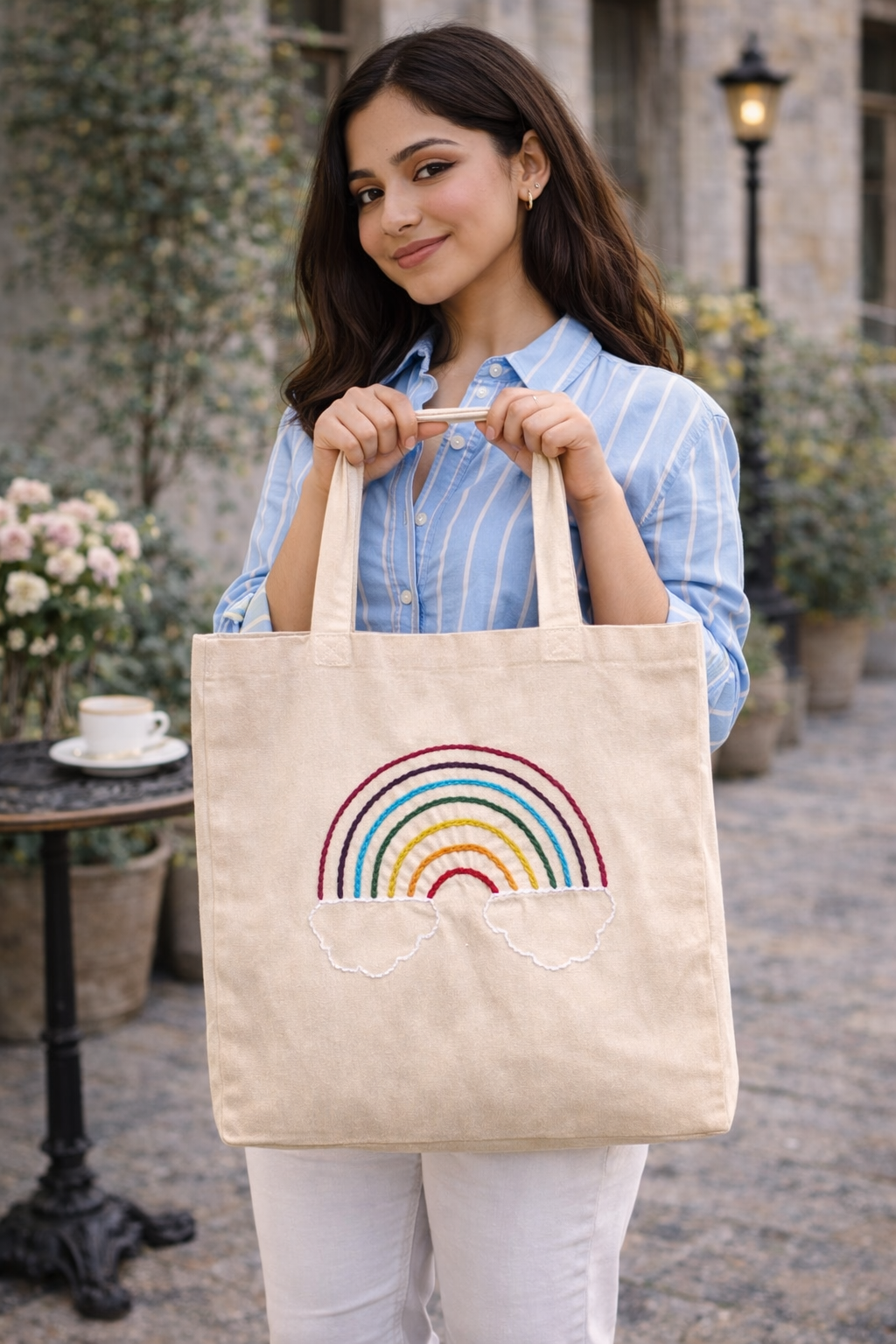 Rainbow Embroidered Canvas Tote Bag