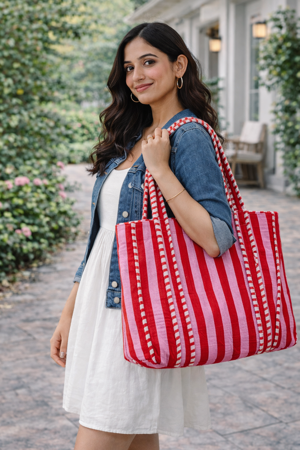 Quilted Red and Pink Striped Tote Bag | With Zipper