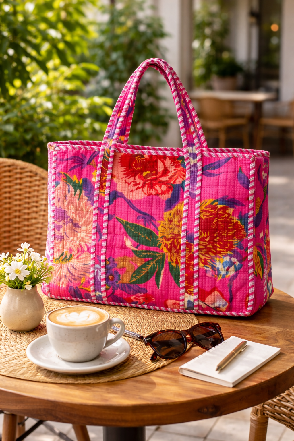 Quilted Hot Pink Bold Floral Tote Bag | With Zipper