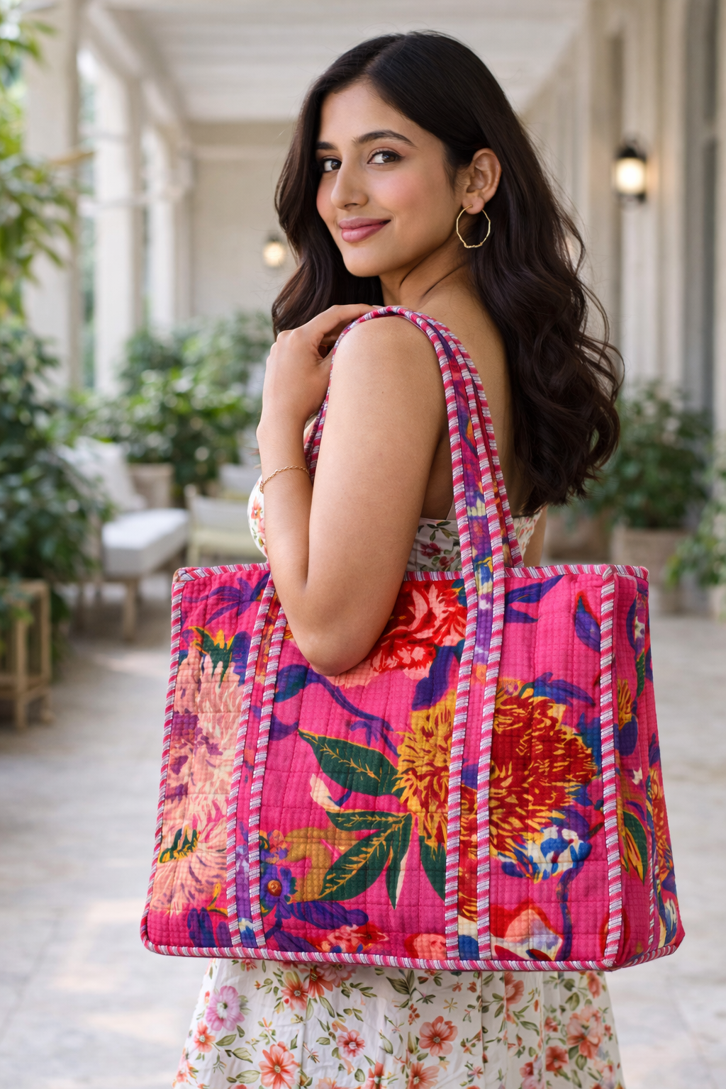 Quilted Hot Pink Bold Floral Tote Bag | With Zipper