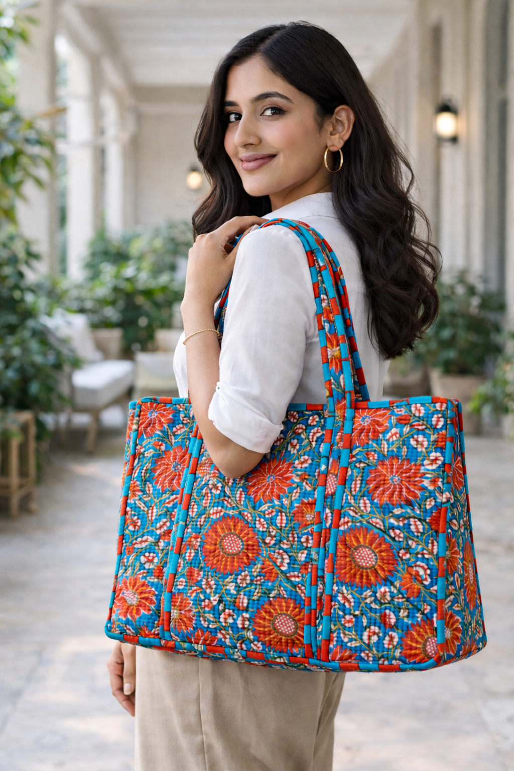 Blue & Orange Bold Floral Pattern Tote Bag | Without Zipper