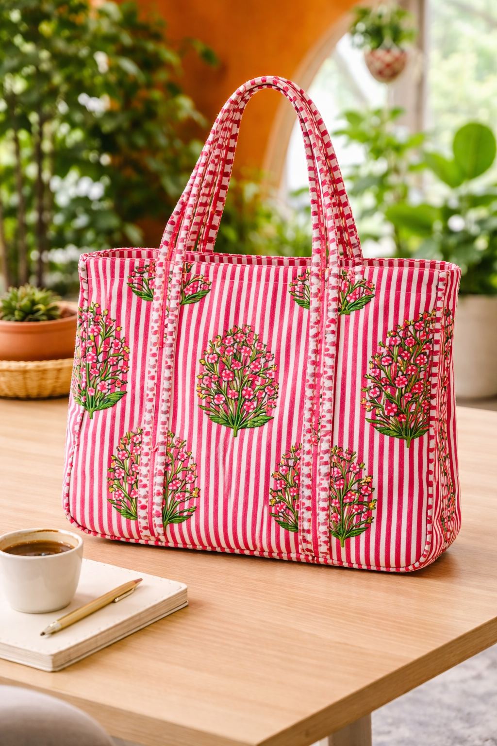Quilted Floral Block Print Tote Bag | Without Zipper