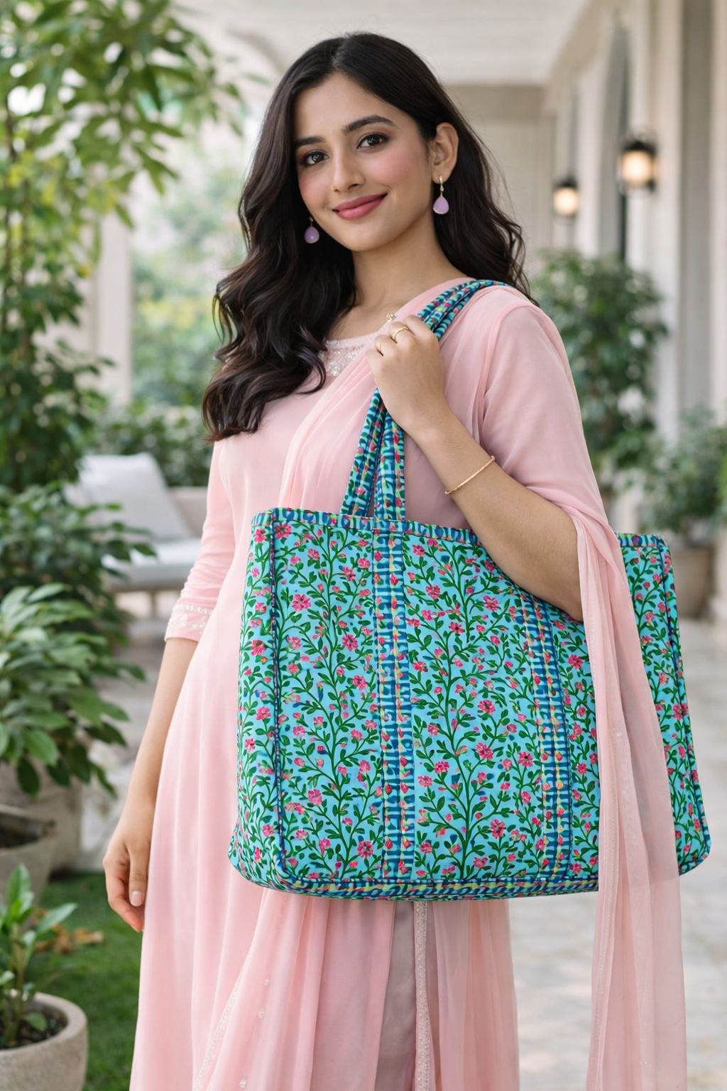 Quilted Turquoise Floral Printed Tote Bag | Without Zipper